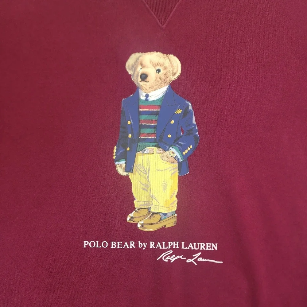 Polo Ralph Lauren Bear Mens Large Crewneck Fleece Sweater Sweatshirt Burgundy - Picture 5 of 9